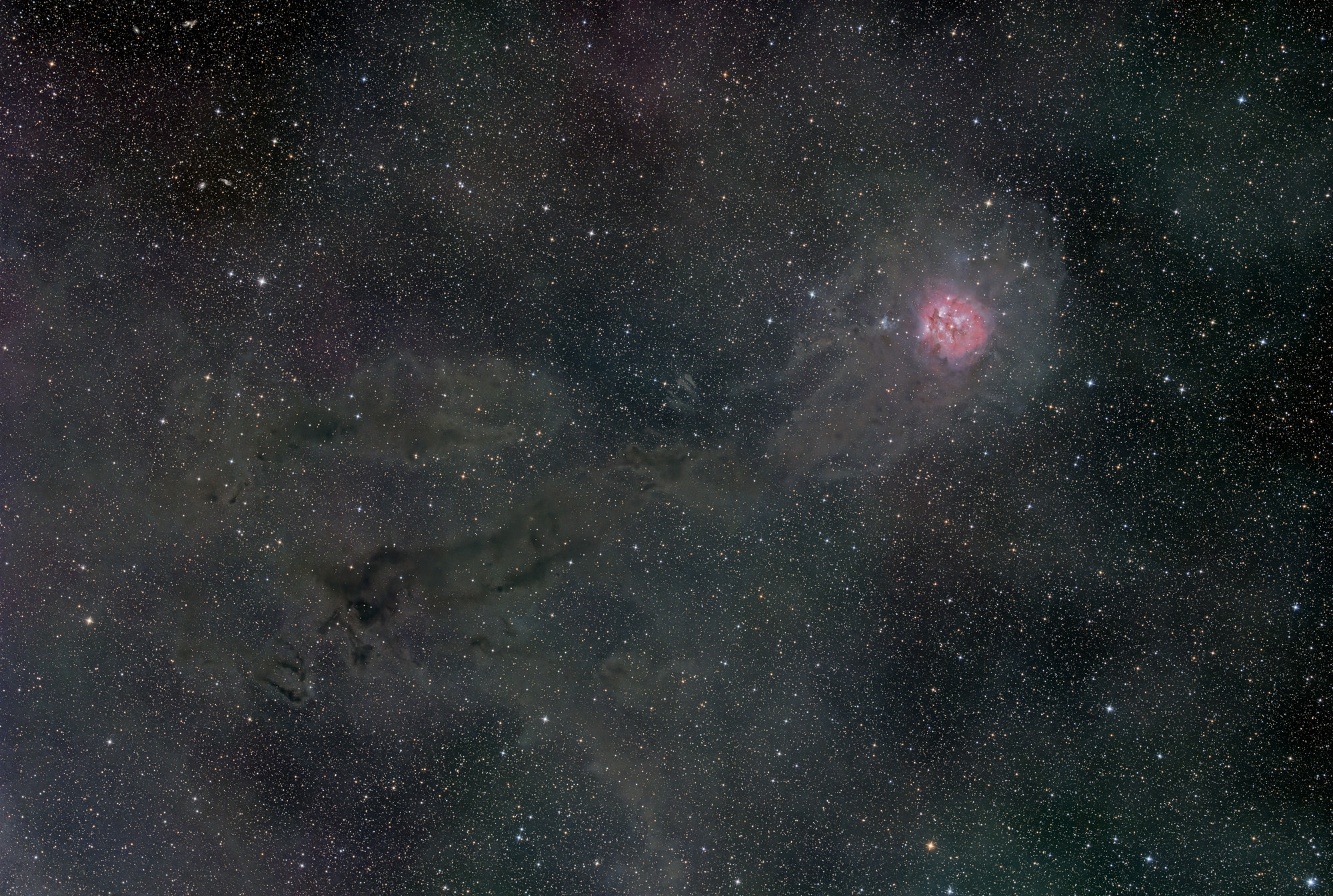 Der Kokon-Nebel IC 5146 im Sternbild Schwan ist ein Sternentstehungsgebiet mit dem eingebetteten offenen Sternhaufen Collinder 470. IC 5146 befindet sich am Ende der länglichen Dunkelwolke Barnard 168 und ist mit dieser zusammen Teil einer ausgedehnten Staubwolke.